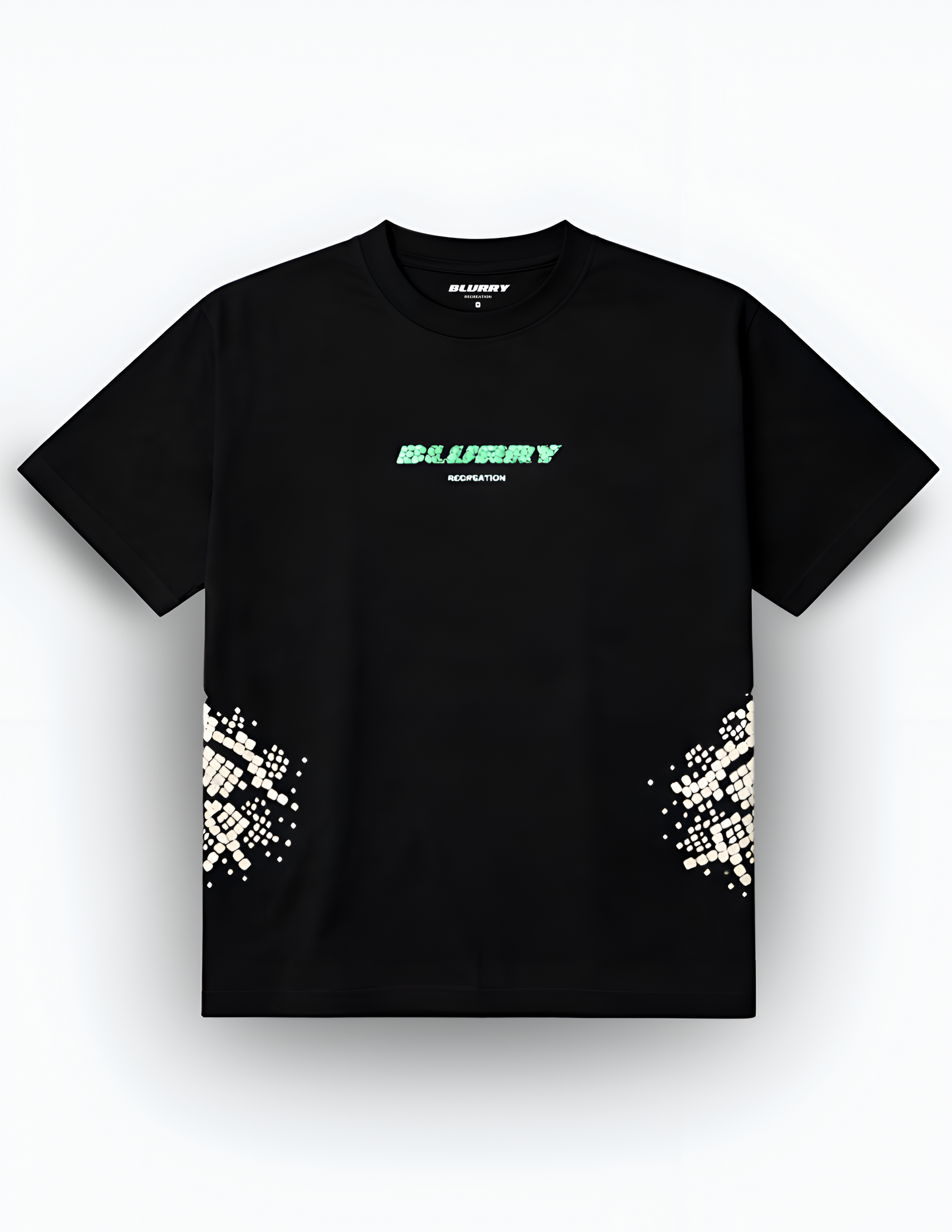 A black short-sleeve t-shirt with a green 'Blurry Recreation' graphic on the chest and white pixelated splatter graphics on both lower sides, displayed flat against a light gray background.