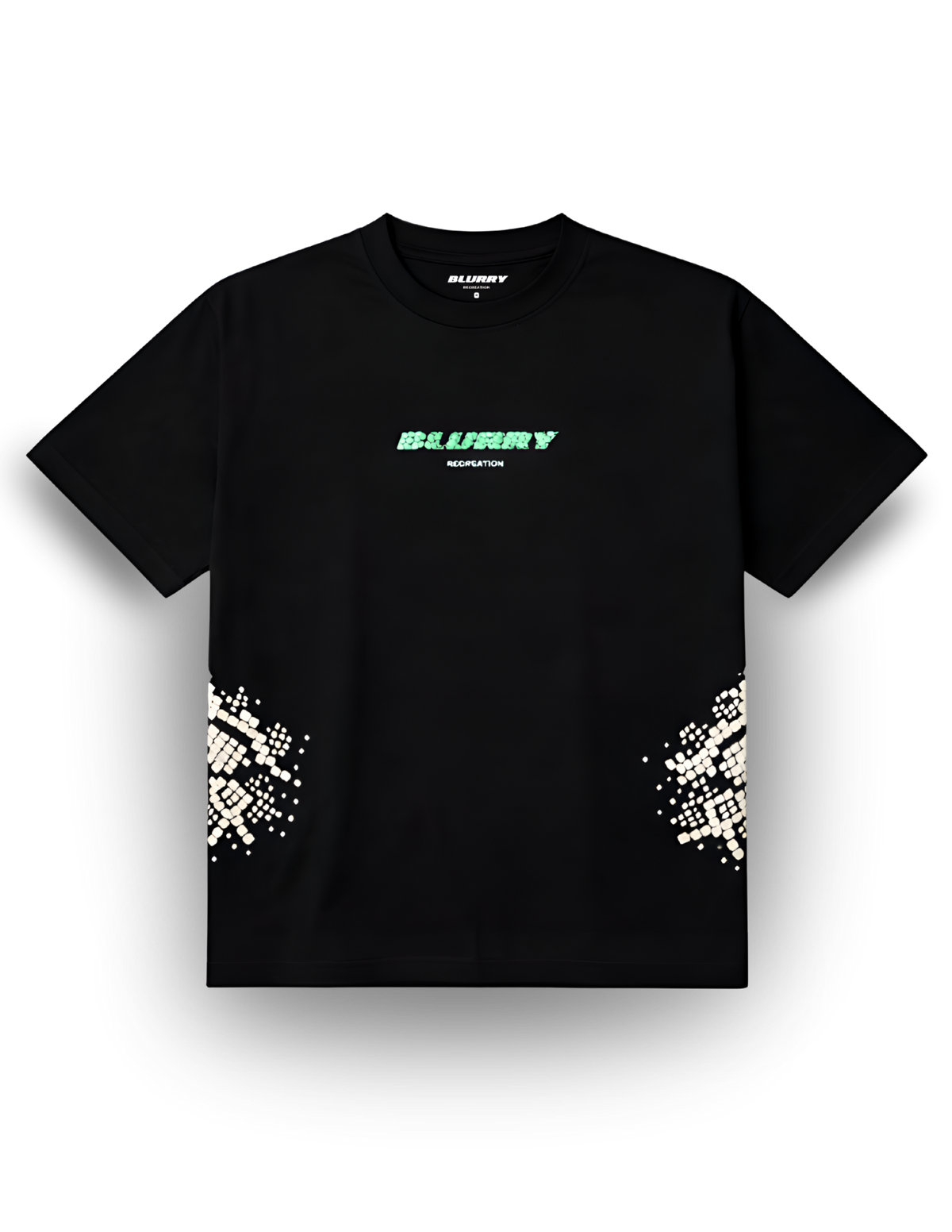 A black short-sleeve t-shirt with a green 'Blurry Recreation' logo on the chest and white geometric pixel patterns on both lower sides, displayed on a clean white background.