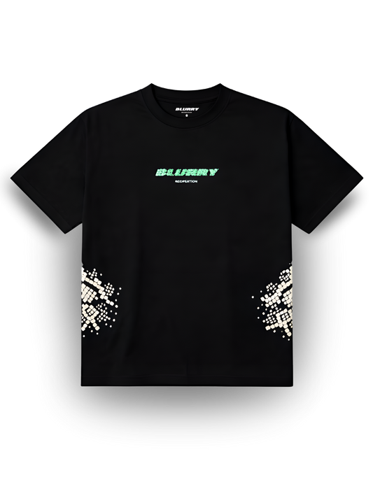 A black short-sleeve t-shirt with a green 'Blurry Recreation' logo on the chest and white geometric pixel patterns on both lower sides, displayed on a clean white background.